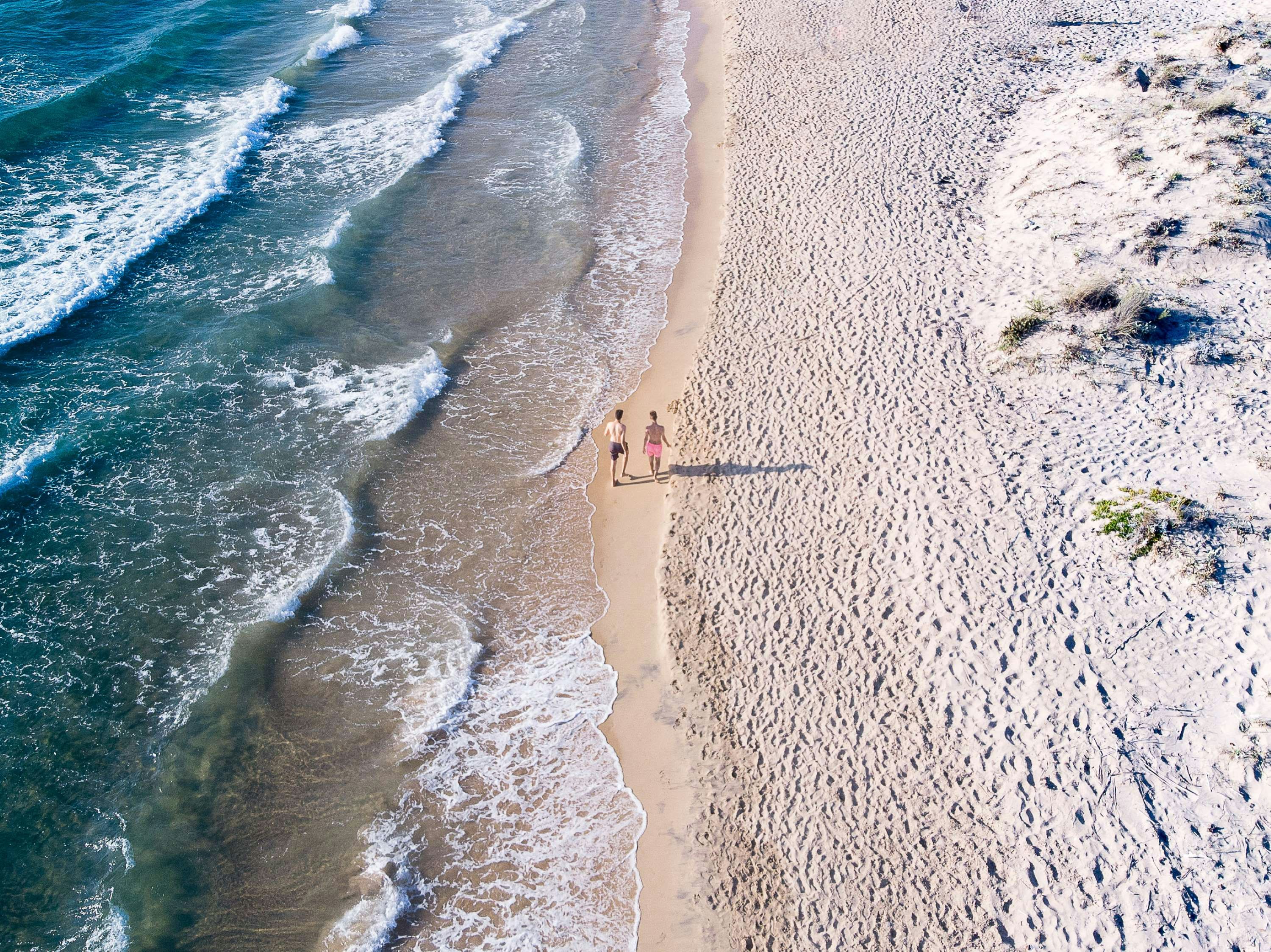 aerial photography of two person walking on seashore during daytime